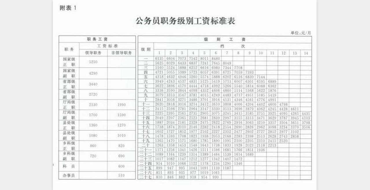 公务员工资套改等级标准对照表