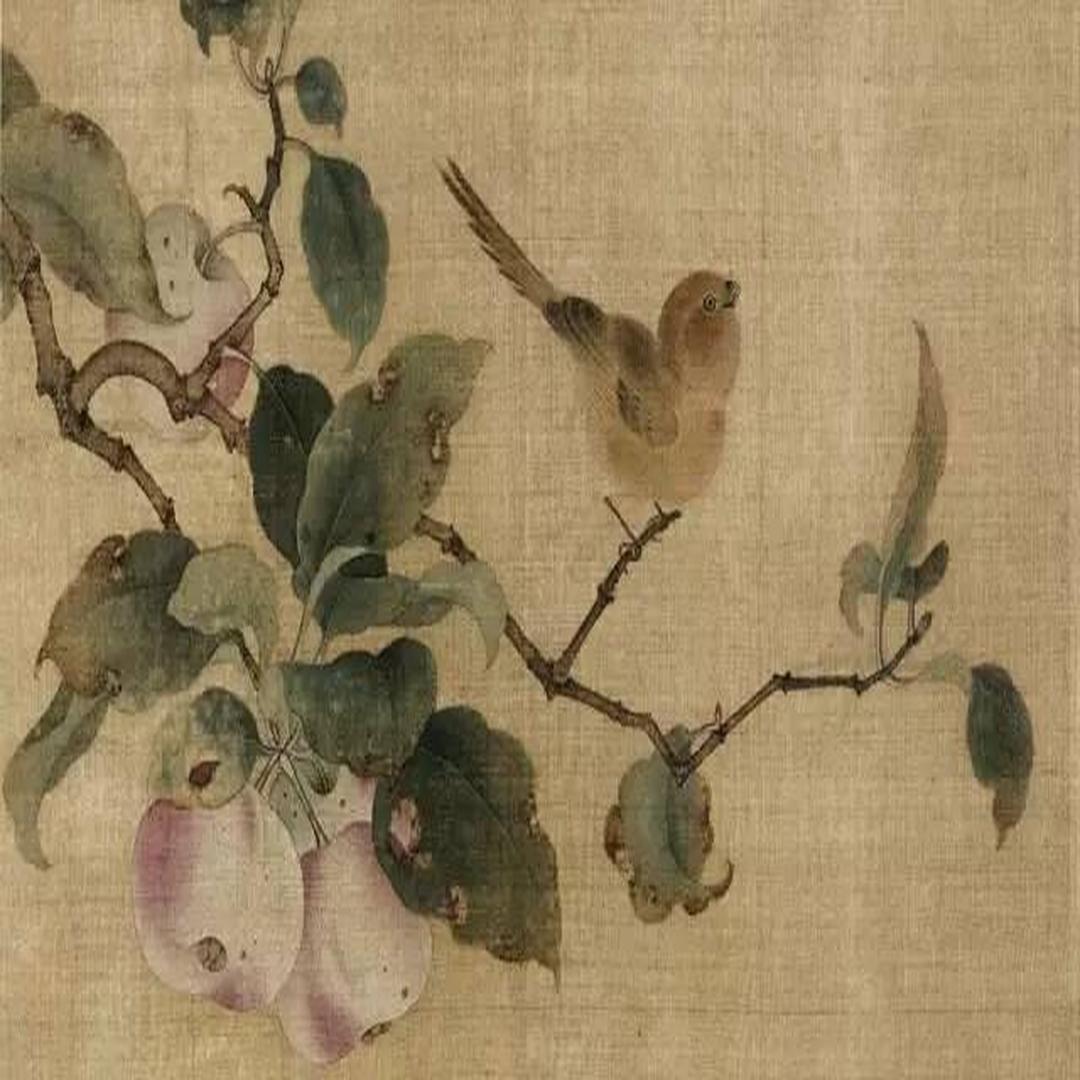 宋代林椿工笔花鸟:果熟来禽图,绢本,设色